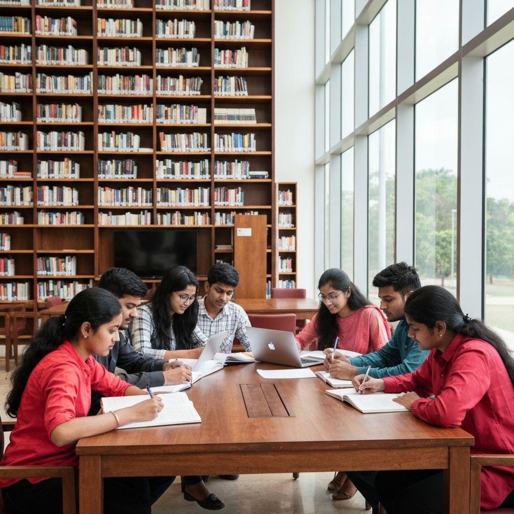 Indian students studying together in a modern university library